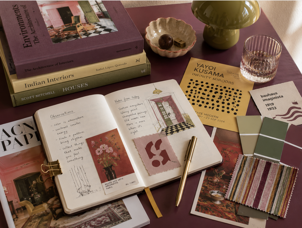 A stack of vintage art books with cobalt, ochre, and dusty rose spines next to coral peonies in a cobalt vase, on a glossy olive surface against a warm terracotta wall