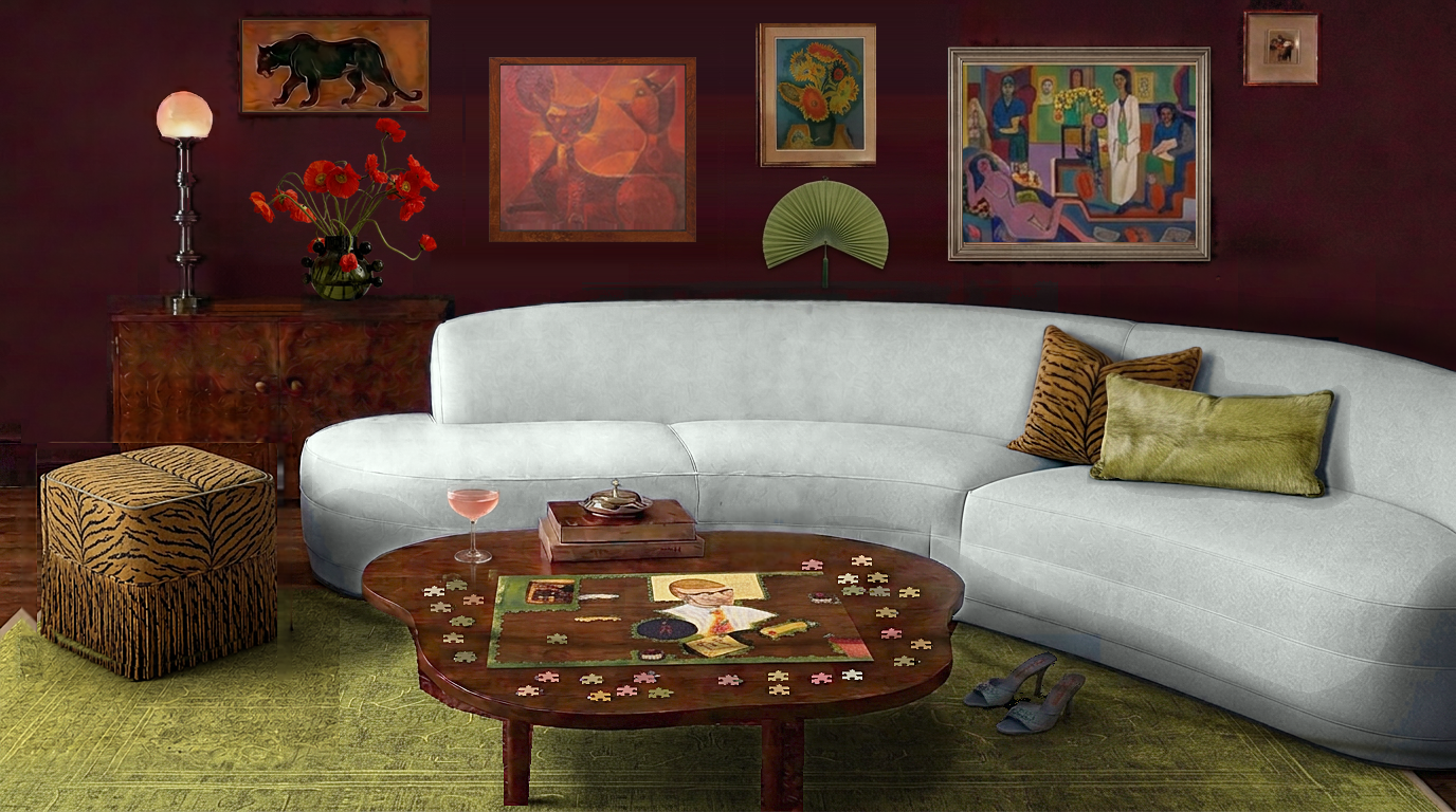 A moody living room with plum walls, a curved light-blue sofa, a wooden coffee table holding a puzzle, and light-blue heels on a patterned rug.