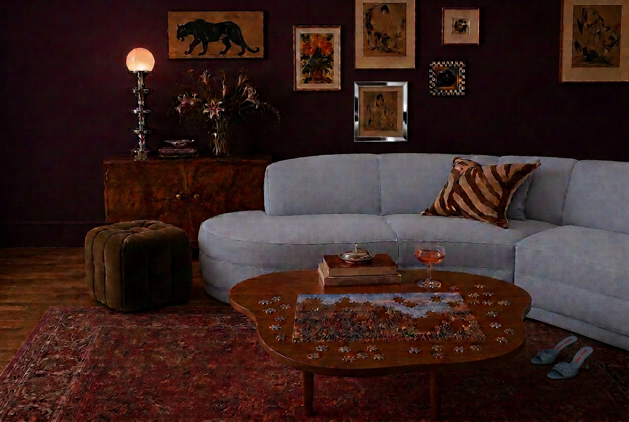 A moody living room with plum walls, a curved light-blue sofa, a wooden coffee table holding a puzzle, and light-blue heels on a patterned rug.
