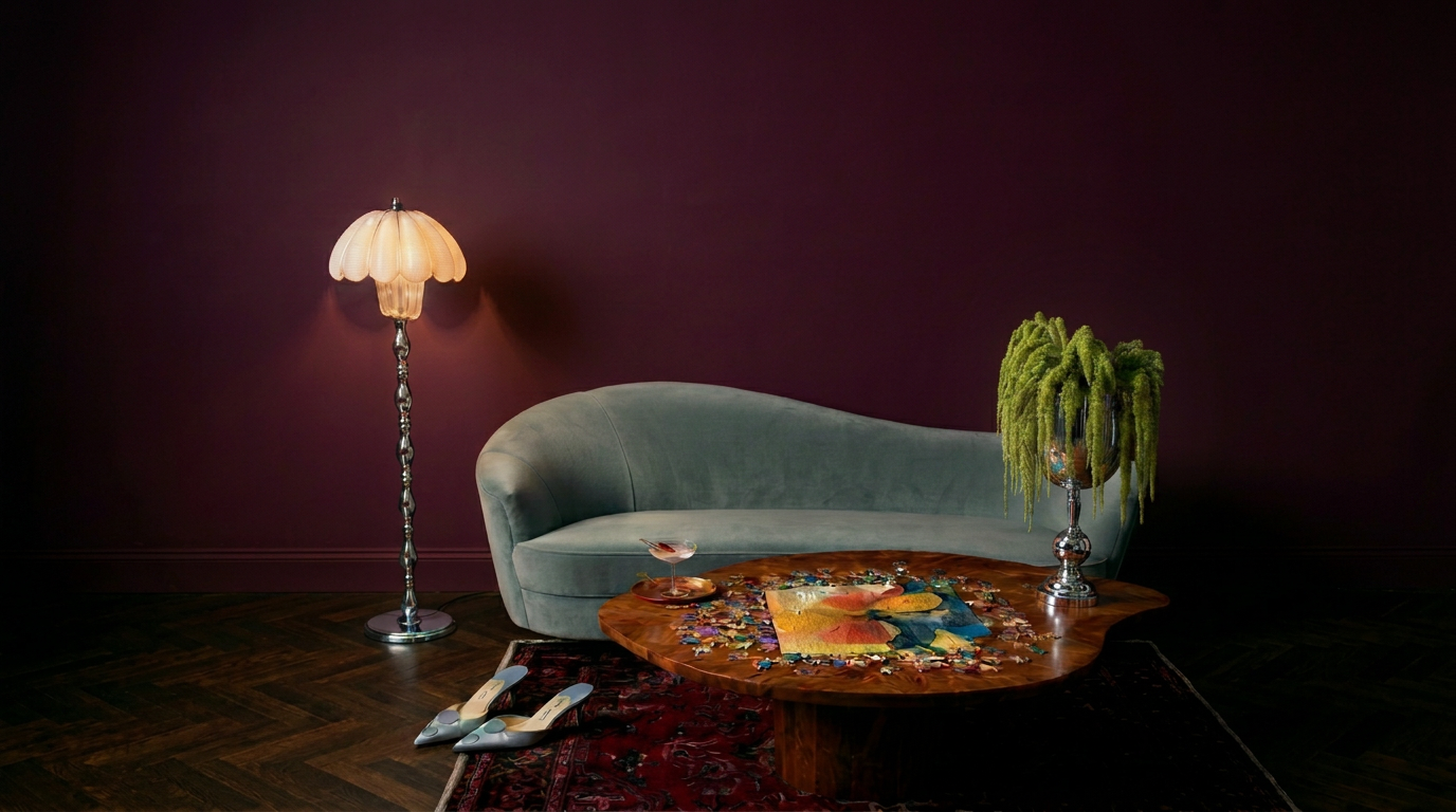 A painterly still life of art books, flowers, and collected objects in warm light